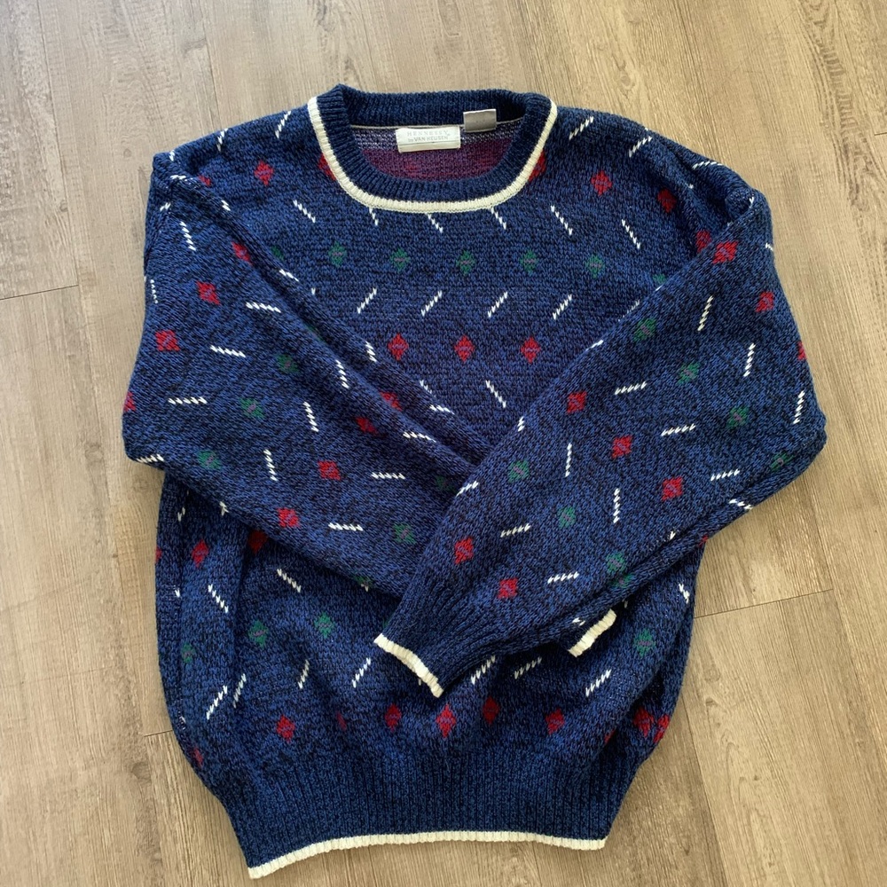Van Heusen Navy Vintage Crewneck Sweater with Red, Green & White Details